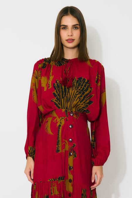 Koai_Red Muslin, Silk Round Neck Floral Cotton Top _at_Aza_Fashions