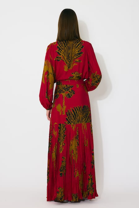 Koai Floral Long Skirt in Red & Mustard 