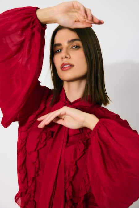 Koai Red Chiffon Fringe High Neck Frill Top Online at Aza Fashions Koai_Red Chiffon Fringe High Neck Frill Top _Online_at_Aza_Fashions