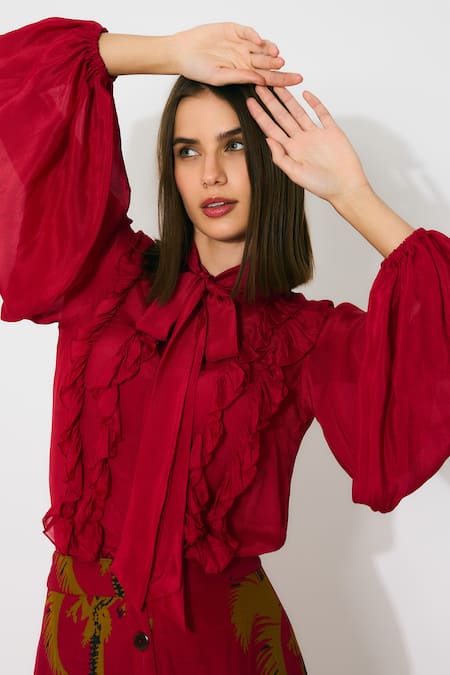 Buy Koai Red Chiffon Fringe High Neck Frill Top Online at Aza Fashions Buy_Koai_Red Chiffon Fringe High Neck Frill Top _Online_at_Aza_Fashions