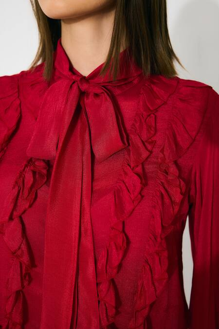 Shop Koai Red Chiffon Fringe High Neck Frill Top Online at Aza Fashions Shop_Koai_Red Chiffon Fringe High Neck Frill Top _Online_at_Aza_Fashions