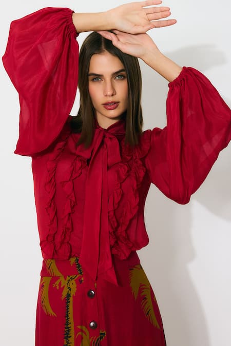 Koai Red Chiffon Fringe High Neck Frill Top at Aza Fashions Koai_Red Chiffon Fringe High Neck Frill Top _at_Aza_Fashions