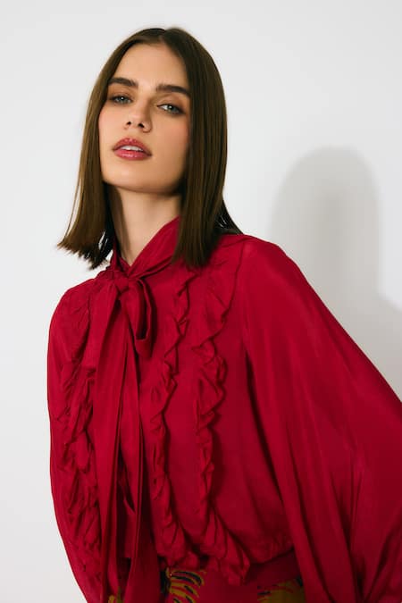 Buy Koai Red Chiffon Fringe High Neck Frill Top Buy_Koai_Red Chiffon Fringe High Neck Frill Top