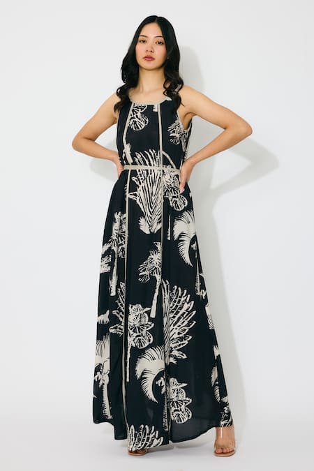 Buy_Koai_Black Muslin, Cotton, Silk Round Neck Floral Print Sleeveless Maxi Dress _Online_at_Aza_Fashions