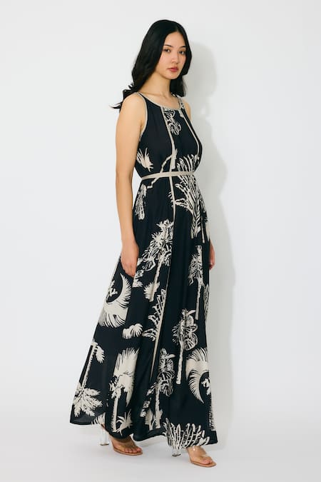 Shop_Koai_Black Muslin, Cotton, Silk Round Neck Floral Print Sleeveless Maxi Dress _Online_at_Aza_Fashions