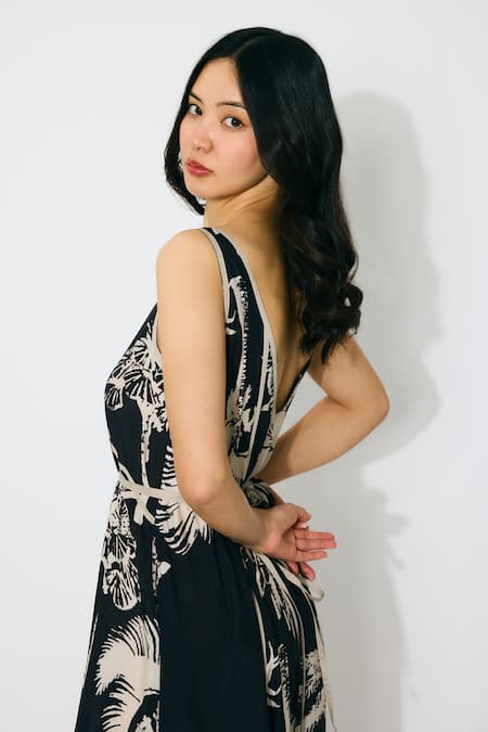 Koai_Black Muslin, Cotton, Silk Round Neck Floral Print Sleeveless Maxi Dress _at_Aza_Fashions