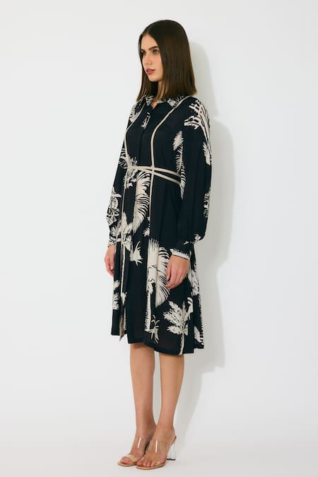 Koai_Black Muslin, Cotton, Silk Collared And Beige Floral Midi Shirt Dress _Online_at_Aza_Fashions