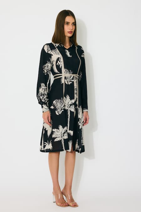Buy_Koai_Black Muslin, Cotton, Silk Collared And Beige Floral Midi Shirt Dress _Online_at_Aza_Fashions