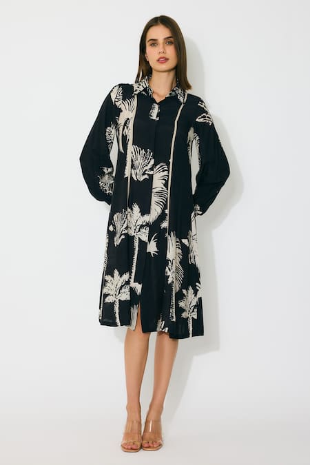 Shop_Koai_Black Muslin, Cotton, Silk Collared And Beige Floral Midi Shirt Dress _Online_at_Aza_Fashions