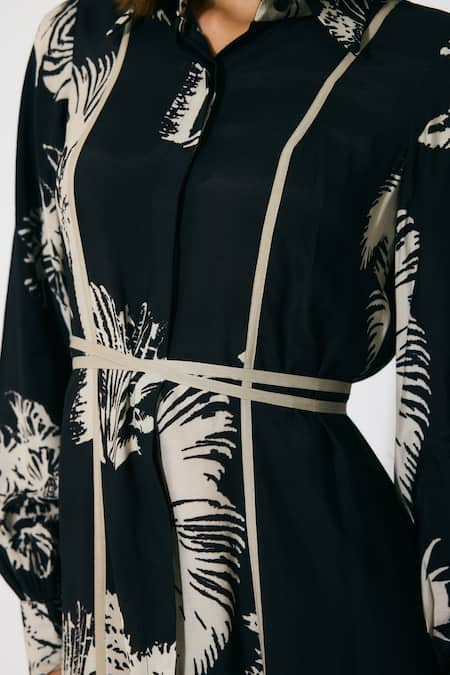 Koai_Black Muslin, Cotton, Silk Collared And Beige Floral Midi Shirt Dress _at_Aza_Fashions