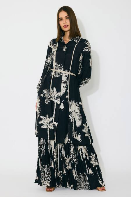 Koai_Black Muslin, Cotton Floral Crinkled Pants _Online_at_Aza_Fashions