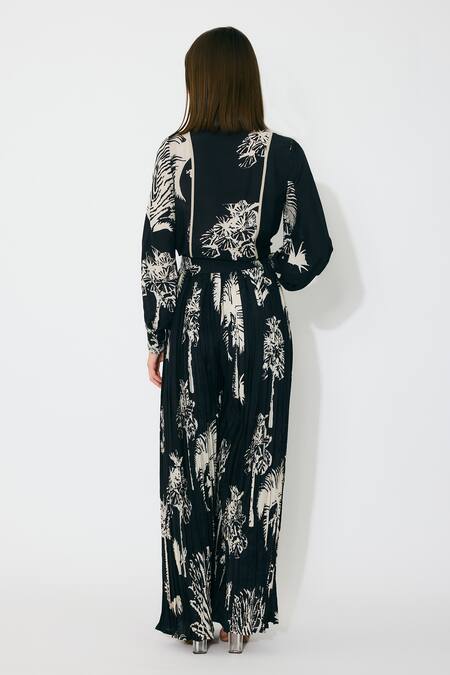 Shop_Koai_Black Muslin, Cotton Floral Crinkled Pants _at_Aza_Fashions