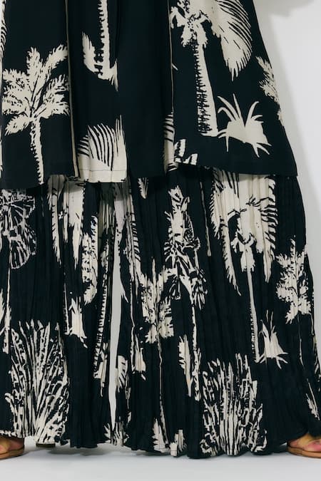 Buy_Koai_Black Muslin, Cotton Floral Crinkled Pants _Online_at_Aza_Fashions