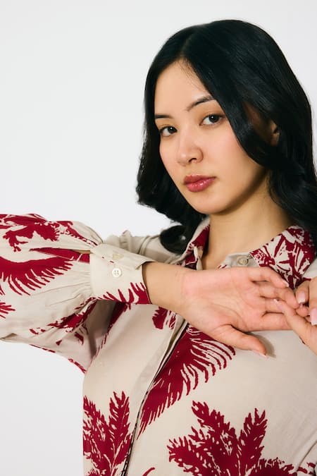 Shop Koai Beige Muslin, Cotton Collared Floral Print Silk Shirt Online at Aza Fashions Shop_Koai_Beige Muslin, Cotton Collared Floral Print Silk Shirt _Online_at_Aza_Fashions