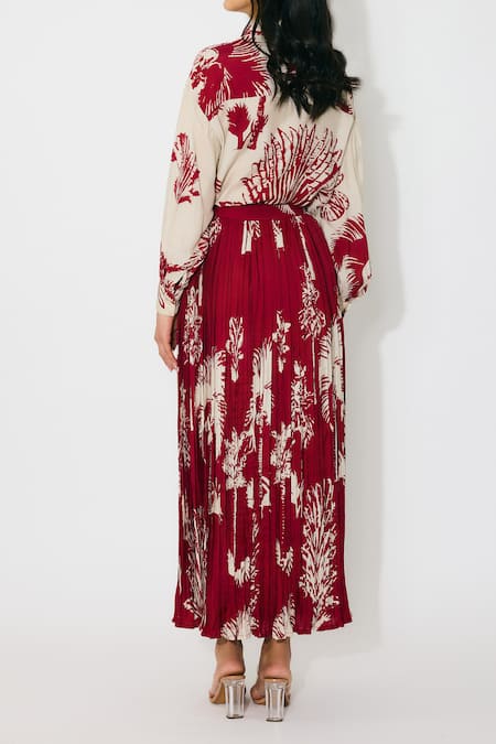 Shop Koai Red Muslin, Cotton, Silk Floral Crinkled Midi Skirt at Aza Fashions Shop_Koai_Red Muslin, Cotton, Silk Floral Crinkled Midi Skirt _at_Aza_Fashions