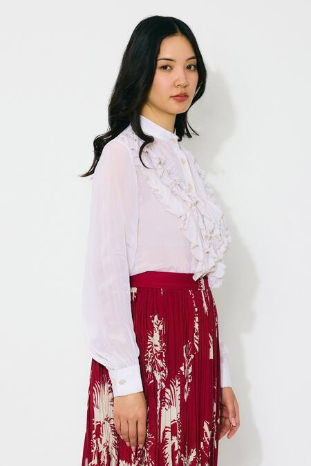 Buy Koai Ivory Chiffon Mandarin Collar Frill Top Online at Aza Fashions Buy_Koai_Ivory Chiffon Mandarin Collar Frill Top _Online_at_Aza_Fashions