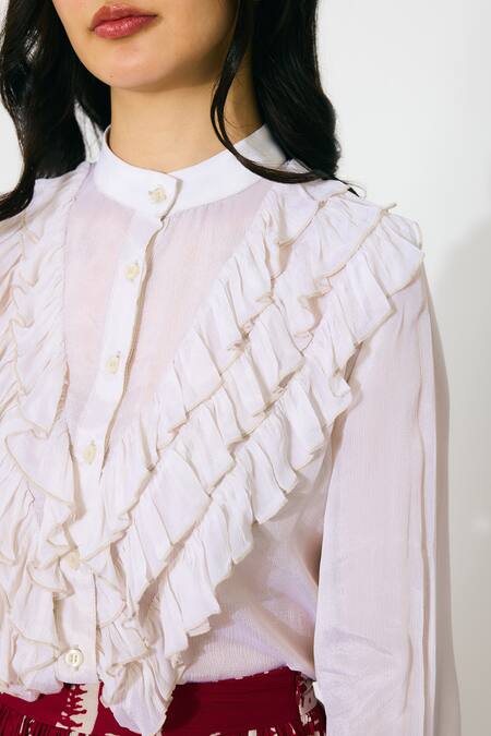 Shop Koai Ivory Chiffon Mandarin Collar Frill Top Online at Aza Fashions Shop_Koai_Ivory Chiffon Mandarin Collar Frill Top _Online_at_Aza_Fashions