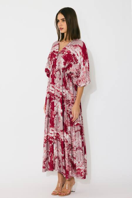 Koai_Peach Muslin V-neck Toile Print Kaftan Dress _Online_at_Aza_Fashions