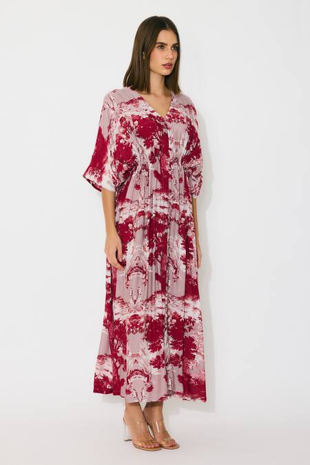 Buy_Koai_Peach Muslin V-neck Toile Print Kaftan Dress _Online_at_Aza_Fashions