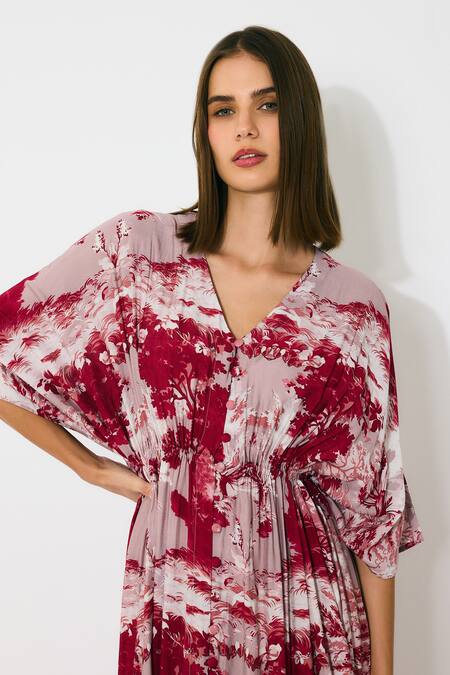 Koai_Peach Muslin V-neck Toile Print Kaftan Dress _at_Aza_Fashions