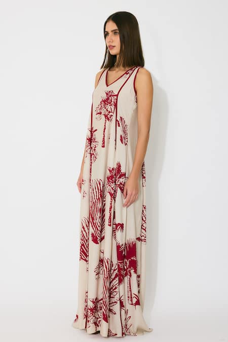 Koai Beige Muslin, Cotton, Silk V-neck Floral Sleeveless Long Maxi Dress Online at Aza Fashions Koai_Beige Muslin, Cotton, Silk V-neck Floral Sleeveless Long Maxi Dress _Online_at_Aza_Fashions