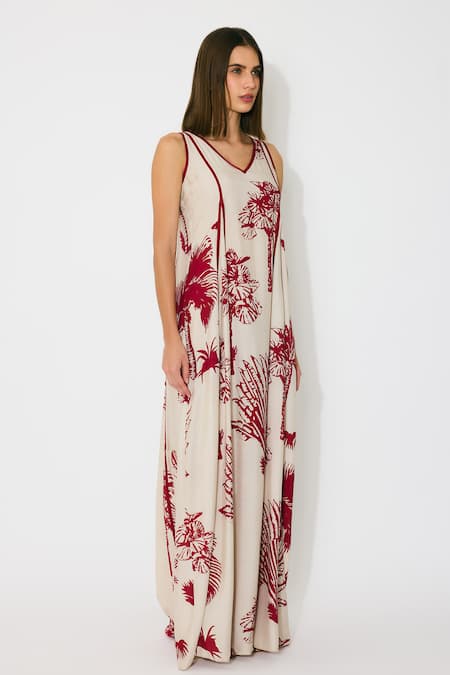 Shop Koai Beige Muslin, Cotton, Silk V-neck Floral Sleeveless Long Maxi Dress Online at Aza Fashions Shop_Koai_Beige Muslin, Cotton, Silk V-neck Floral Sleeveless Long Maxi Dress _Online_at_Aza_Fashions