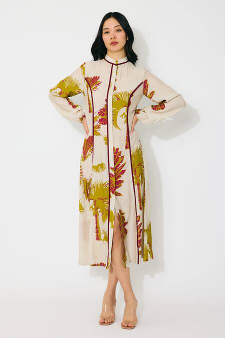 Koai Beige Muslin, Cotton, Silk Mandarin Collar Floral Midi Shirt Dress Online at Aza Fashions Koai_Beige Muslin, Cotton, Silk Mandarin Collar Floral Midi Shirt Dress _Online_at_Aza_Fashions