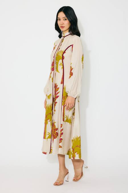Buy Koai Beige Muslin, Cotton, Silk Mandarin Collar Floral Midi Shirt Dress Online at Aza Fashions Buy_Koai_Beige Muslin, Cotton, Silk Mandarin Collar Floral Midi Shirt Dress _Online_at_Aza_Fashions