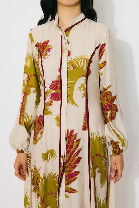 Shop Koai Beige Muslin, Cotton, Silk Mandarin Collar Floral Midi Shirt Dress Online at Aza Fashions Shop_Koai_Beige Muslin, Cotton, Silk Mandarin Collar Floral Midi Shirt Dress _Online_at_Aza_Fashions