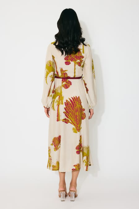 Shop Koai Beige Muslin, Cotton, Silk Mandarin Collar Floral Midi Shirt Dress at Aza Fashions Shop_Koai_Beige Muslin, Cotton, Silk Mandarin Collar Floral Midi Shirt Dress _at_Aza_Fashions