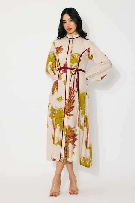 Koai Beige Muslin, Cotton, Silk Mandarin Collar Floral Midi Shirt Dress at Aza Fashions Koai_Beige Muslin, Cotton, Silk Mandarin Collar Floral Midi Shirt Dress _at_Aza_Fashions