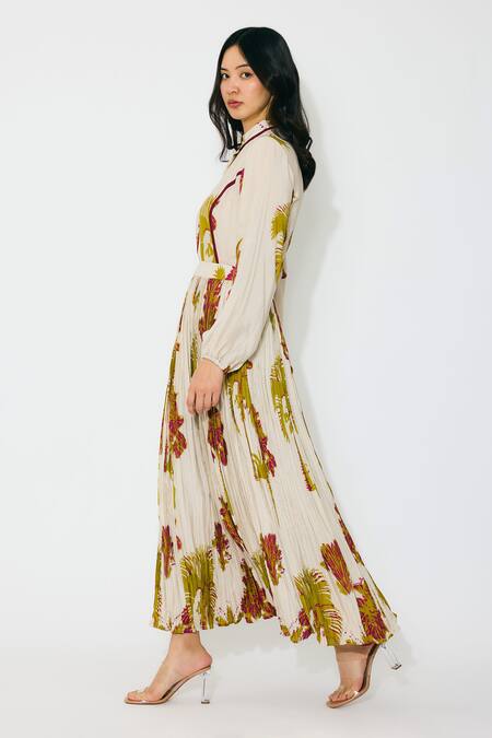 Koai Beige Muslin, Cotton Floral Crinkled Midi Skirt Online at Aza Fashions Koai_Beige Muslin, Cotton Floral Crinkled Midi Skirt _Online_at_Aza_Fashions