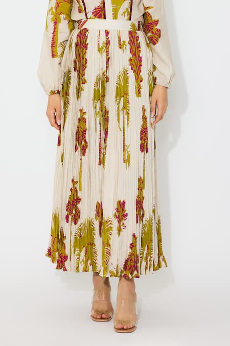 Shop Koai Beige Muslin, Cotton Floral Crinkled Midi Skirt Online at Aza Fashions Shop_Koai_Beige Muslin, Cotton Floral Crinkled Midi Skirt _Online_at_Aza_Fashions
