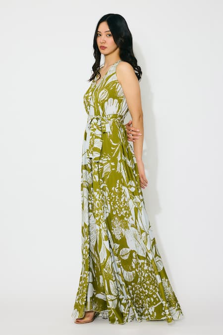 Koai_Green Muslin, Cotton, Silk V-neck Floral Sleeve Leaf Maxi Dress _Online_at_Aza_Fashions