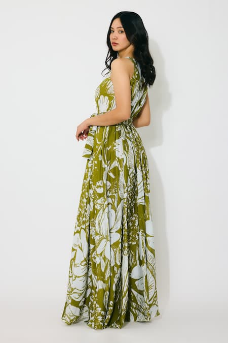 Buy_Koai_Green Muslin, Cotton, Silk V-neck Floral Sleeve Leaf Maxi Dress _Online_at_Aza_Fashions