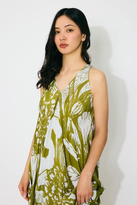 Shop_Koai_Green Muslin, Cotton, Silk V-neck Floral Sleeve Leaf Maxi Dress _Online_at_Aza_Fashions