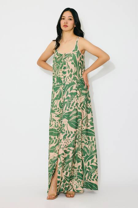 Koai_Peach Muslin, Cotton Scoop Neck Sleeveless Floral Maxi Dress _Online_at_Aza_Fashions