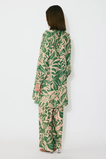 Shop_Koai_Peach Muslin, Cotton, Silk Collared And Green Printed Long Shirt _at_Aza_Fashions