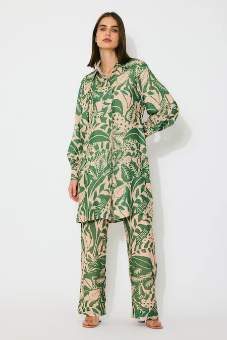 Koai_Peach Muslin, Cotton, Silk Collared And Green Printed Long Shirt _Online_at_Aza_Fashions