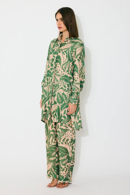 Buy_Koai_Peach Muslin, Cotton, Silk Collared And Green Printed Long Shirt _Online_at_Aza_Fashions