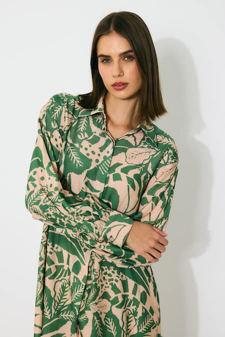 Shop_Koai_Peach Muslin, Cotton, Silk Collared And Green Printed Long Shirt _Online_at_Aza_Fashions