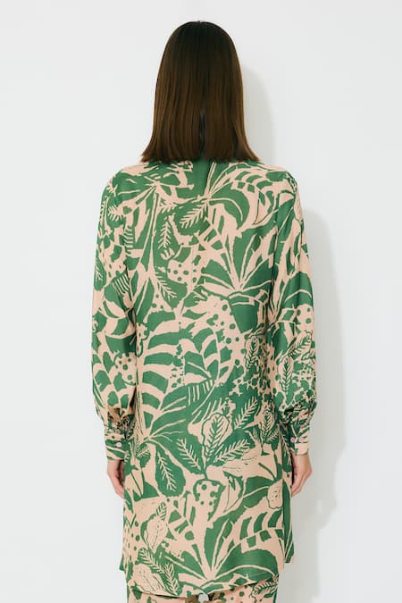 Shop_Koai_Peach Muslin, Cotton, Silk Collared And Green Printed Long Shirt 