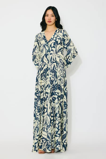 Koai Off White Muslin, Cotton, Silk V-neck Indigo Printed Maxi Dress Online at Aza Fashions Koai_Off White Muslin, Cotton, Silk V-neck Indigo Printed Maxi Dress _Online_at_Aza_Fashions