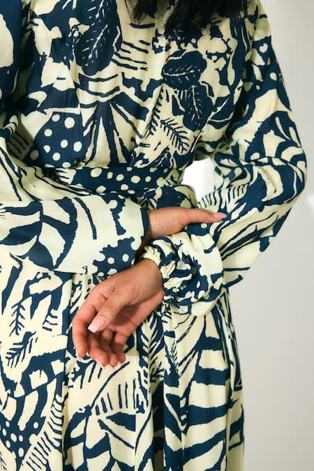 Koai Off White Muslin, Cotton, Silk V-neck Indigo Printed Maxi Dress at Aza Fashions Koai_Off White Muslin, Cotton, Silk V-neck Indigo Printed Maxi Dress _at_Aza_Fashions