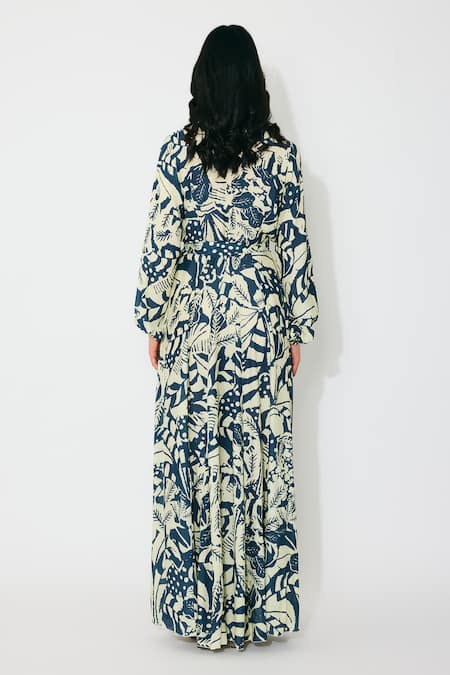 Koai Indigo Printed Muslin Cotton Silk Maxi Dress 