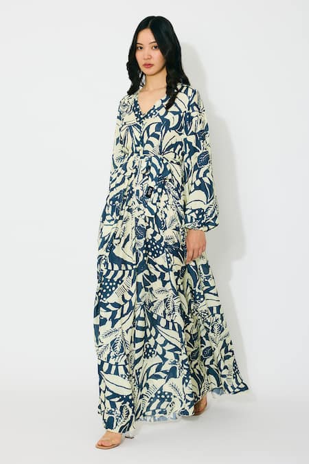 Buy Koai Off White Muslin, Cotton, Silk V-neck Indigo Printed Maxi Dress Buy_Koai_Off White Muslin, Cotton, Silk V-neck Indigo Printed Maxi Dress