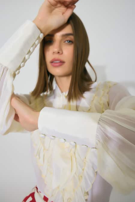 Koai Off White Chiffon Open Neck Frill Bow Tie Top Online at Aza Fashions Koai_Off White Chiffon Open Neck Frill Bow Tie Top _Online_at_Aza_Fashions