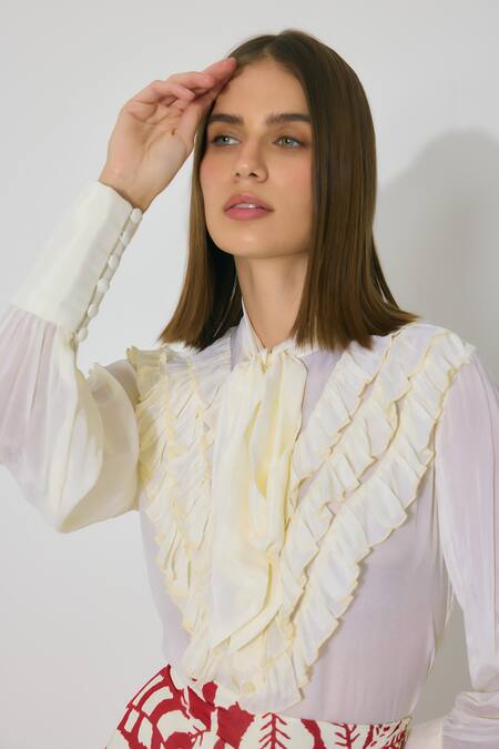 Buy Koai Off White Chiffon Open Neck Frill Bow Tie Top Online at Aza Fashions Buy_Koai_Off White Chiffon Open Neck Frill Bow Tie Top _Online_at_Aza_Fashions