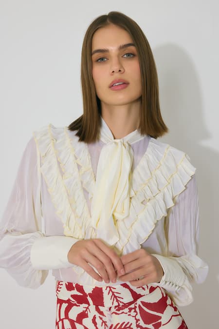 Shop Koai Off White Chiffon Open Neck Frill Bow Tie Top Online at Aza Fashions Shop_Koai_Off White Chiffon Open Neck Frill Bow Tie Top _Online_at_Aza_Fashions