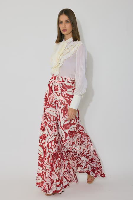 Koai Off White Chiffon Floral Print Flared Pants at Aza Fashions Koai_Off White Chiffon Floral Print Flared Pants _at_Aza_Fashions